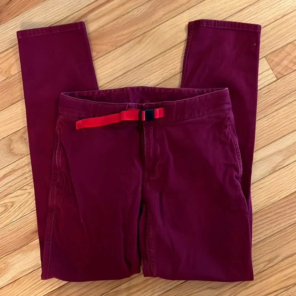 Topo Designs Women's Straight Leg Pants in Burgundy with Red Belt
